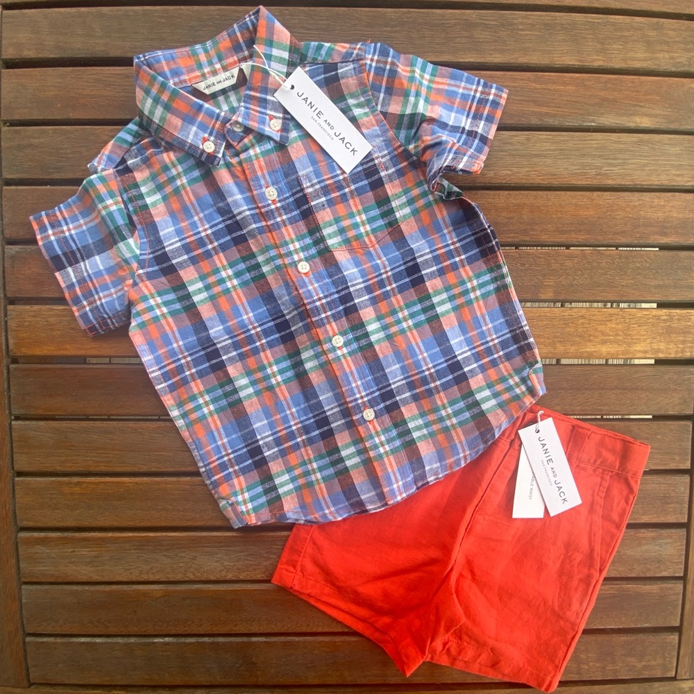 Janie and Jack toddler boy 2t plaid button up and short set NWT